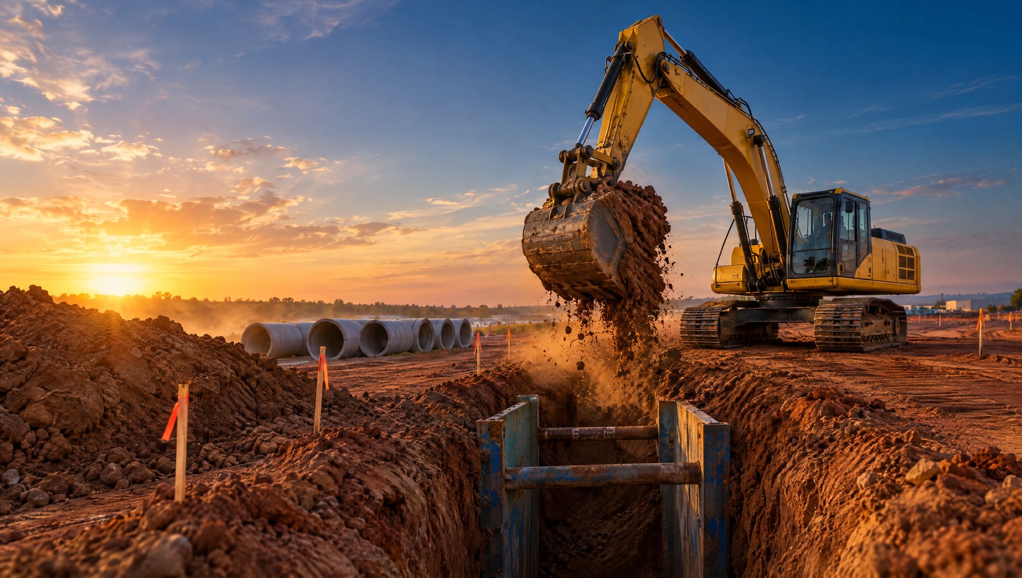 Excavator digging a storm drain trench on a commercial site at sunset